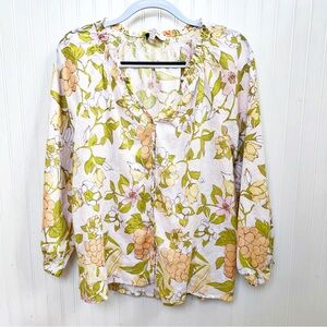 Casacabana Cream & Yellow Floral Linen Blend Popover Blouse Women’s Size Large